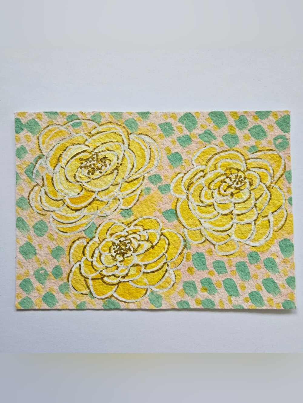 5x7 small abstract spring floral painting yellow golden peach cottagecore granny